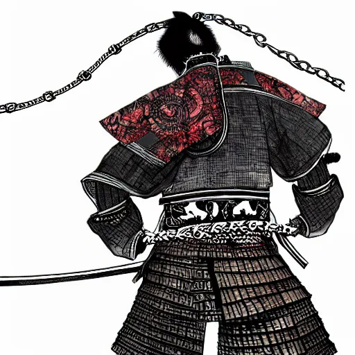 Prompt: A FULL BODY PORTRAIT FROM BEHIND OF A SAMURAI ,THE MAN kEEPS A KUSARIGAMA AND IT IS WRAPPED IN CHAINS ,detailed, concept art, ink style , sketch