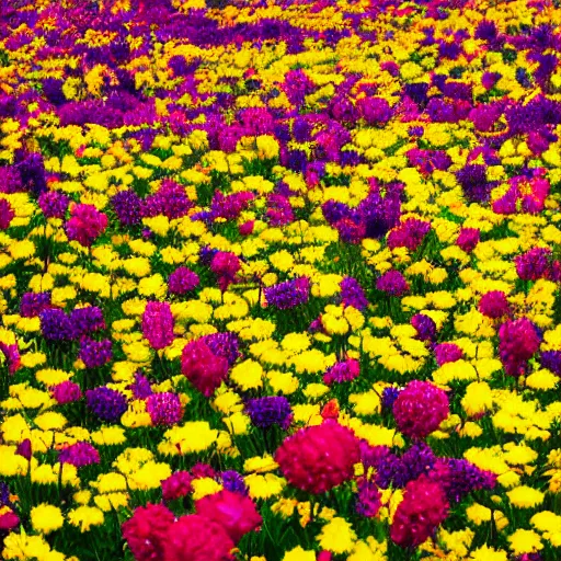 Image similar to Millions of colorful flowers blossoming, climax, overwhelming, brilliant, surreal, cinematic, epic, 8k, sharp focus, color grain 35mm