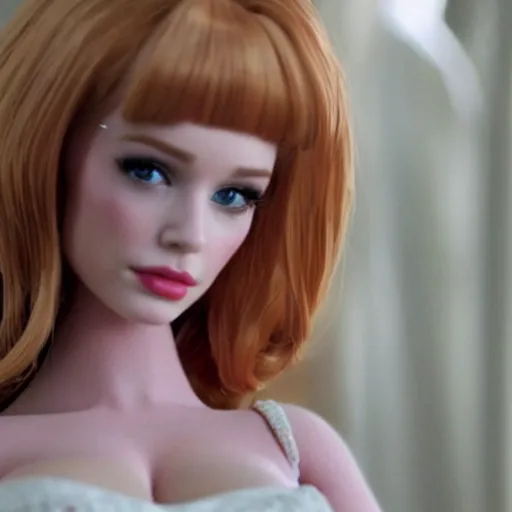 Prompt: amazing beautiful Christina Hendricks barbie doll in the living room, film still from the movie directed by Denis Villeneuve , wide lens
