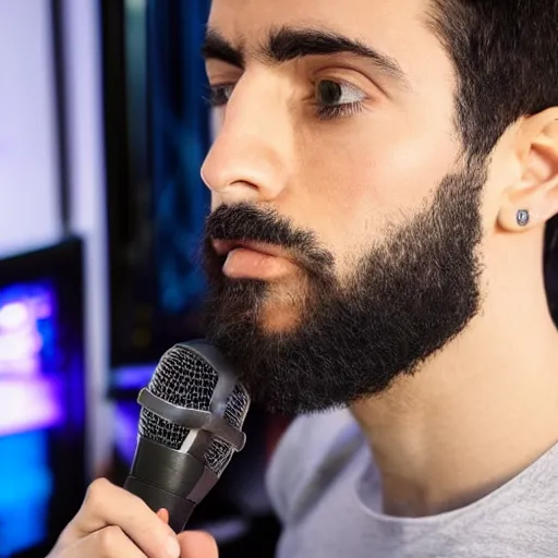 Image similar to handsome Portuguese male twitch streamer looking angrily at his expensive studio mic which isn't working, 4k