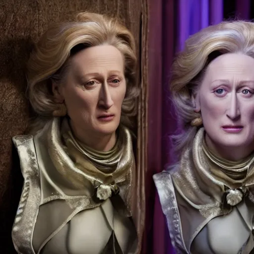 Image similar to animatronic Meryl Streep, exposed mechanics, photo, Stan Winston studios, detailed, 4k