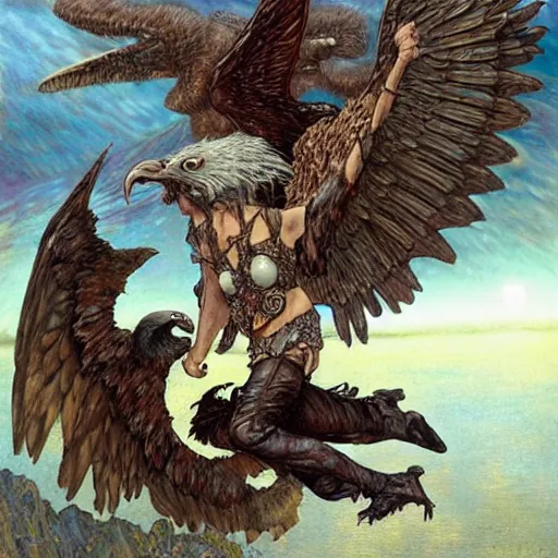 Image similar to giant eagle eating a flying harpy with huge eagle wings being eaten by giant eagle eating her face, d & d, fantasy, luis royo, magali villeneuve, donato giancola, wlop, krenz cushart, hans zatka, klimt, alphonse mucha