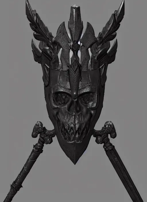 Image similar to a black great sword mini skull crest, orthographic, ornament, weapon, a 3 d render by dom qwek, front side full, trending on polycount, artstation, hard surface modeling, rendered in maya, zbrush, blender, hd, vray, berserk, symmetry