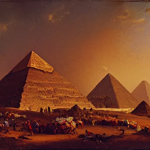 Image similar to The pyramids of Giza turned into a garbage dump, oil painting by Albert Bierstadt