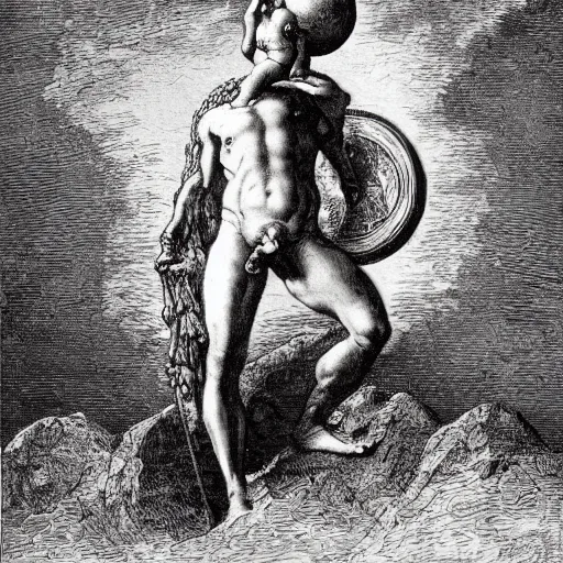 Image similar to a painting by Gustave Doré of atlas holding the earth on his back