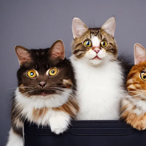 Prompt: a highly detailed photo of multiple furry cats inside a big bag, white background, studio lighting, 4 k, 8 k