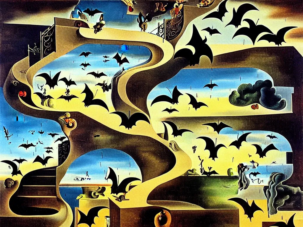 Image similar to a painting of a staircase to heaven with the reverse perspective, birds that transform into bats, rain that transforms into pocketknives, 4 k, art by salvador dali