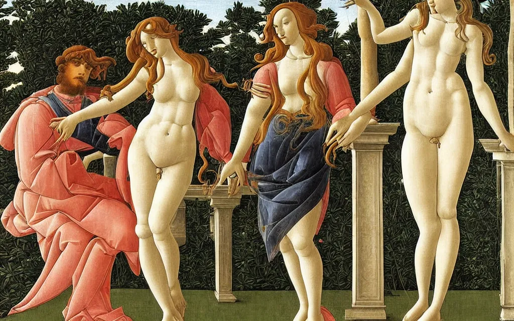 Image similar to sandro botticelli. very soft, delicate light. venus standing on a park bench in a modern city.