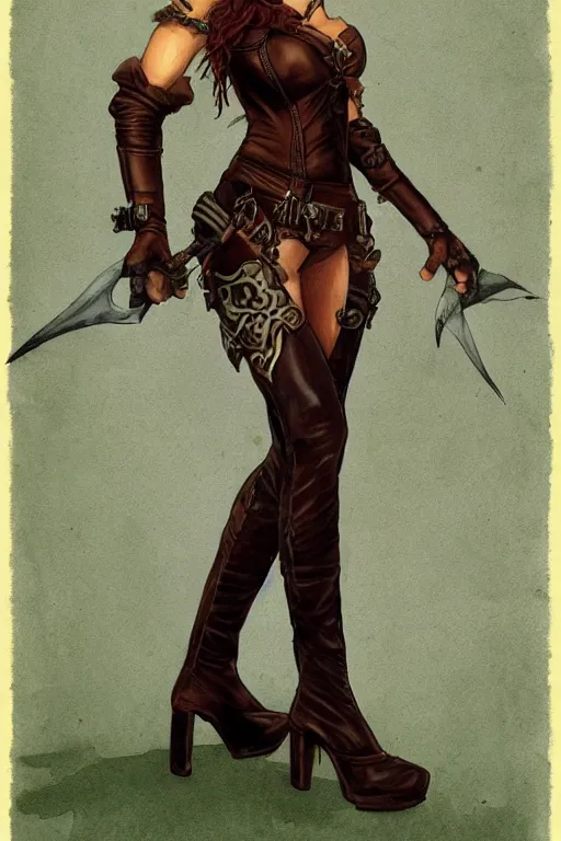Prompt: Full body portrait of a beautiful female Half-Elf Rogue in high heeled leather boots in the style of Gerald Brom