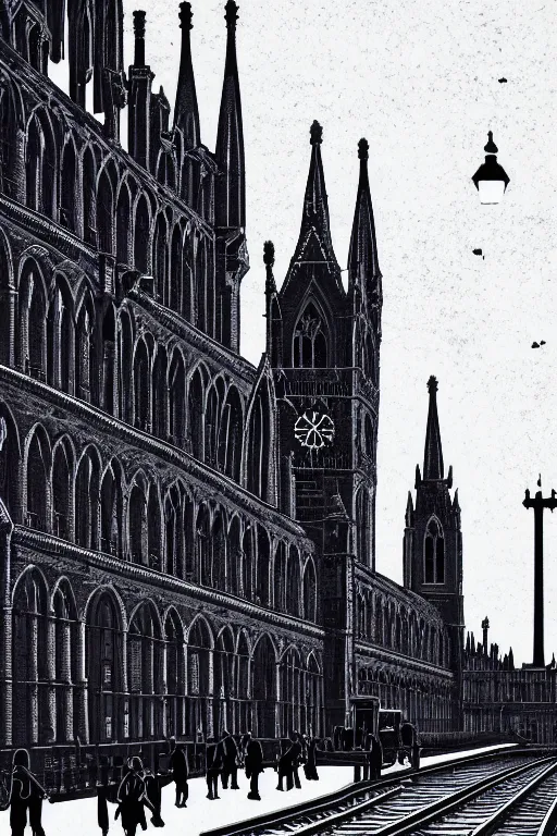 Prompt: a beautiful linocut print on paper of st pancras station, london, 8 k, frostbite 3 engine, cryengine, dof, trending on artstation, digital art, crepuscular ray, by gail brodholt