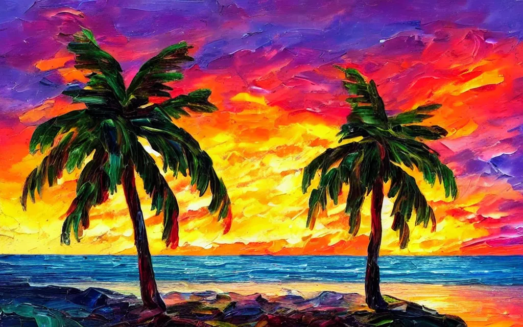 Image similar to a very very small island! with a cute cozy large cottage!! on it and a paved patio!! with chairs and string lights!, palm trees, very late evening cloudy sunset, dramatic and dynamic lighting, thick brush strokes oil impasto painting