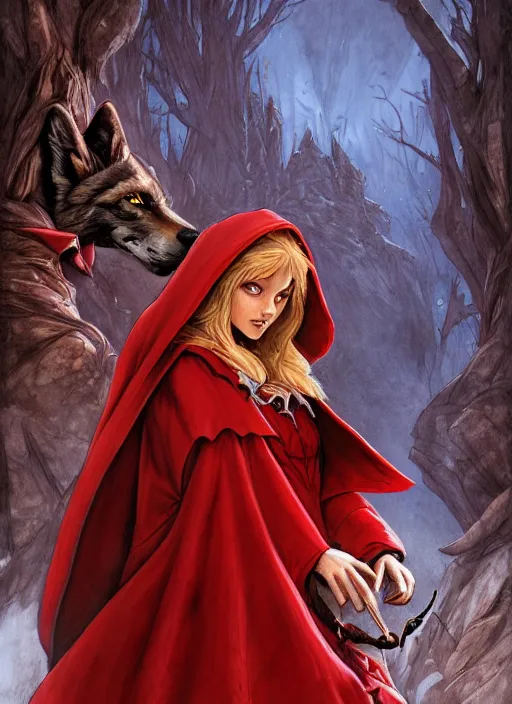 Image similar to digital _ picture _ little red riding hood and the wolf _ red cloak _ wonderful eyes _ philippe _ poles _ and _ justin _ gerard _ symmetrical _ fantasy _ very _ detailed _ realistic _ complex _ clear focus