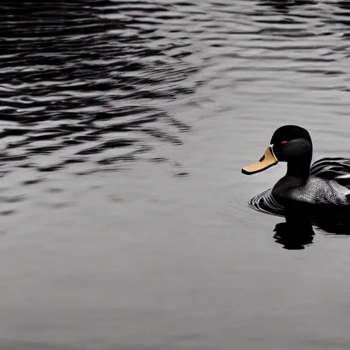 Prompt: Duck in black, film, cinematic, 4k, HD, ultrarealistic