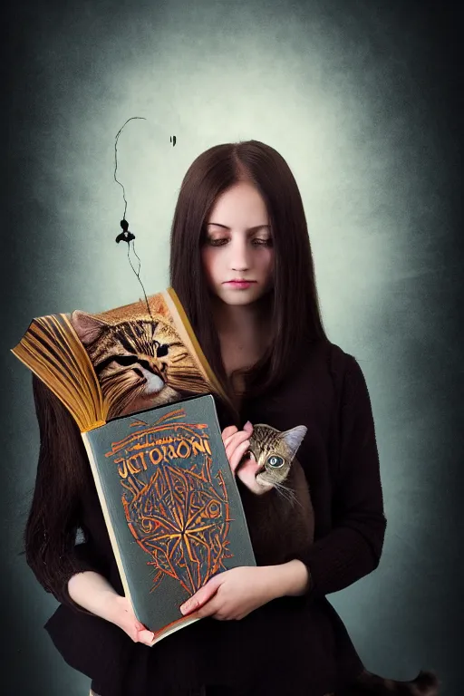 Image similar to photo of bright girl, her cat and her book of necronomicon, symmetrical, cinematic, real dlsr photography, sharp focus, 4 k, ultra hd, sense of awe, sinister demonic atmosphere, dreadful, forbidden knowledge, horrors journal cover