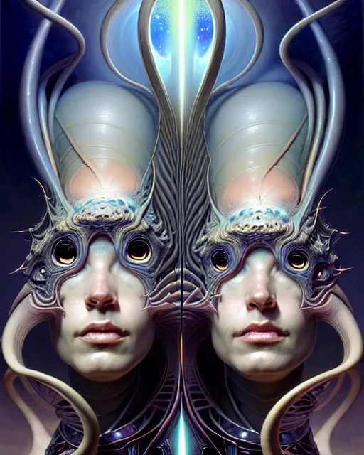 Image similar to a portrait of gemini light and dark fantasy character portrait made of fractals facing each other, ultra realistic, wide angle, intricate details, the fifth element artifacts, highly detailed by peter mohrbacher, hajime sorayama, wayne barlowe, boris vallejo, aaron horkey, gaston bussiere, craig mullins