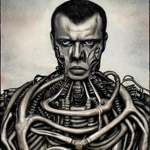 Image similar to Portrait by H.R.Giger of Igor Ivanovich Strelkov very degraded Abomination, photo-realistic, 2K, highly detailed, bodyhorror