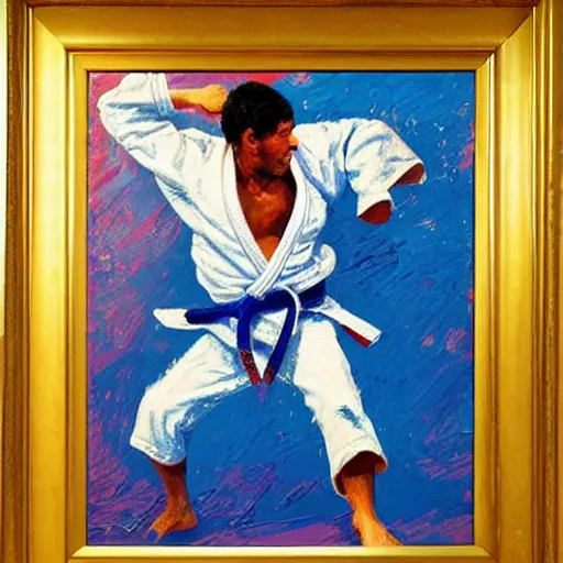 Image similar to judoka by leroy neiman, intricate, ultra detailed painting, atmospheric lighting, golden hour