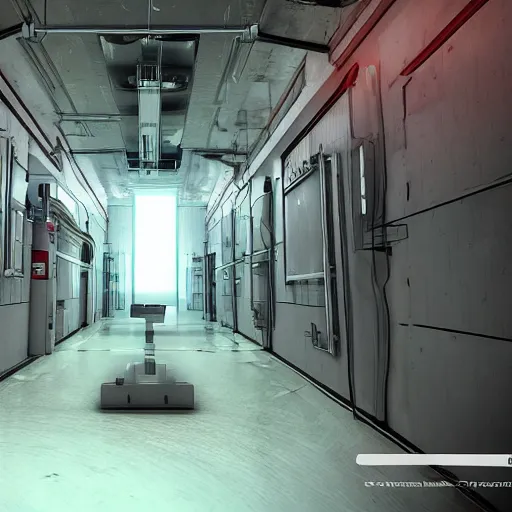 Image similar to secret experiments room inside a big lab, nuclear waste, highly detailed, hd, unreal engine, mirror's edge + i, robot