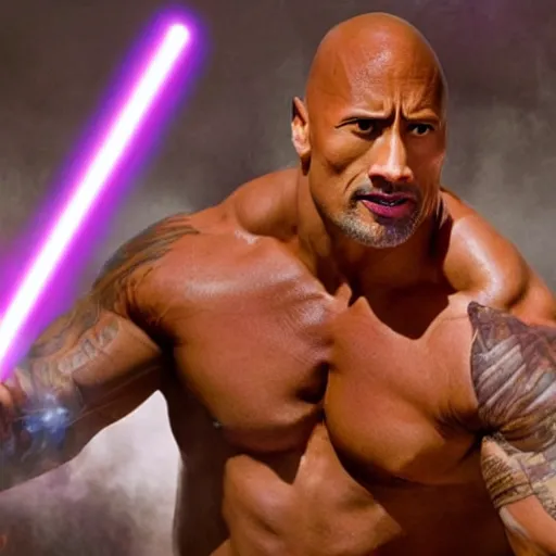 Image similar to dwayne johnson with a purple lightsaber in brown robes