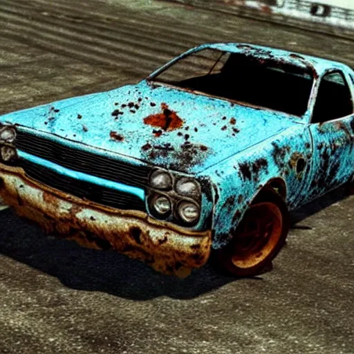 Prompt: A screenshot of a rusty, worn out, broken down, decrepit, run down, dingy, faded chipped paint, tattered, beater 1976 Denim Blue Dodge Aspen in Gran Turismo for the PS1