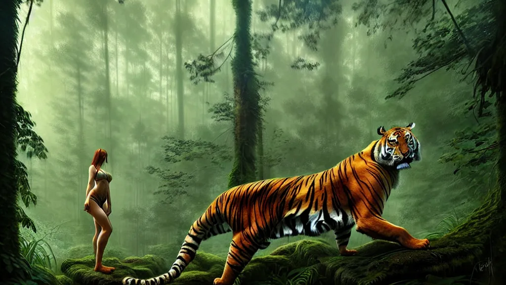 Image similar to a queen of the forest, with beautiful woman body, lost in the forest with tiger, detailed digital art by greg rutkowski.