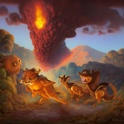 Prompt: animals running away from a volcano by justin gerard, deviantart