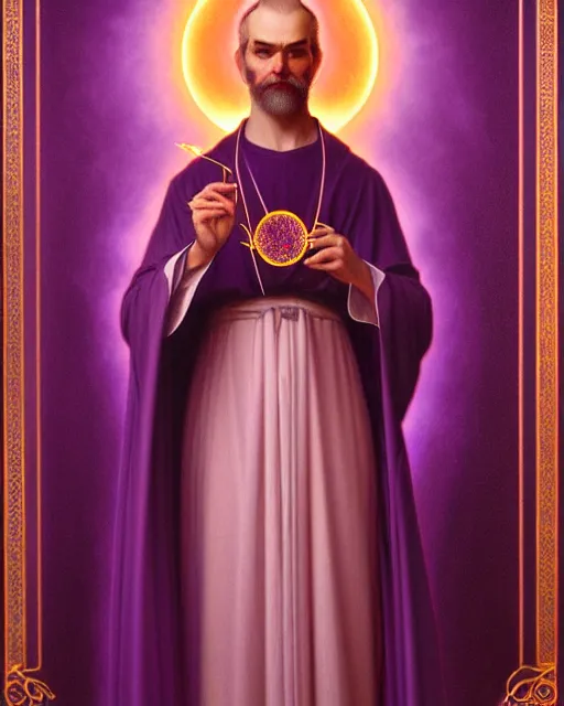 Image similar to portrait of saint germain, he is holding the violet purple indigo flame, completely violet colored, intricate, elegant, highly detailed, digital painting, artstation, concept art, smooth, sharp focus, illustration, art by artgerm and greg rutkowski and fra angelico and alphons mucha