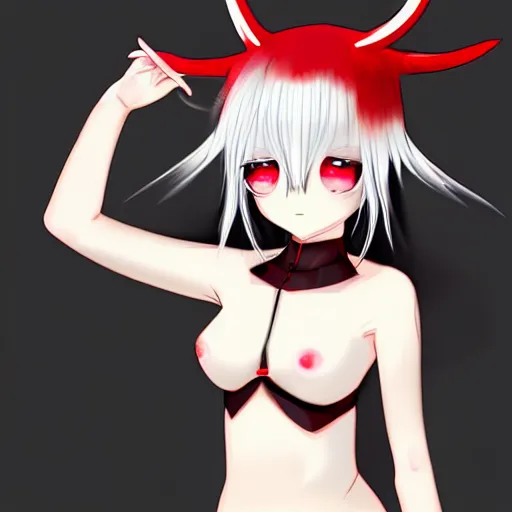 Image similar to white hair, red eyes, two small horn on the head, anime style, anime girl