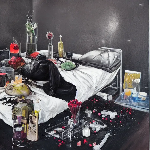 Prompt: an empty apartment with black walls and a sensual portrait of a female art student holding a brain, intravenous drip, pomegranate, seaweed, organic, sensual, pancakes, berries, octopus, surgical supplies, scientific glassware, art materials, candles, berry juice drips, neo - expressionism, surrealism, acrylic and spray paint and oilstick on canvas