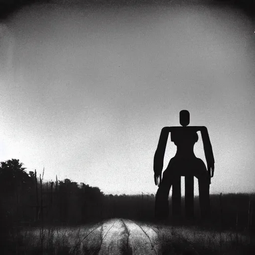 Image similar to old black and white photo of a giant humanoid figure floating in the distance, foggy, surreal, creepy, horror, scary,