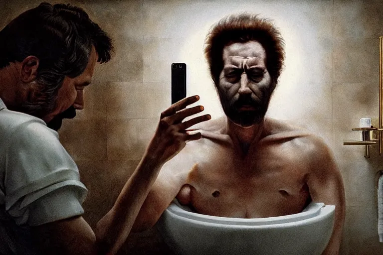 Image similar to hyperrealism aesthetic ridley scott and caravaggio and denis villeneuve style photography of a detailed giant, siting on a detailed ultra huge toilet and scrolling his smartphone in surreal scene from detailed art house movie in style of alejandro jodorowsky and wes anderson