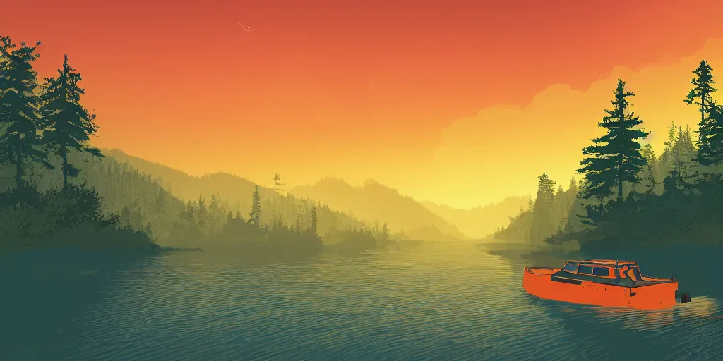 Prompt: An illustration in the style of Firewatch featuring a river surrounded by forest and fields. A boat is slowly moving through the water