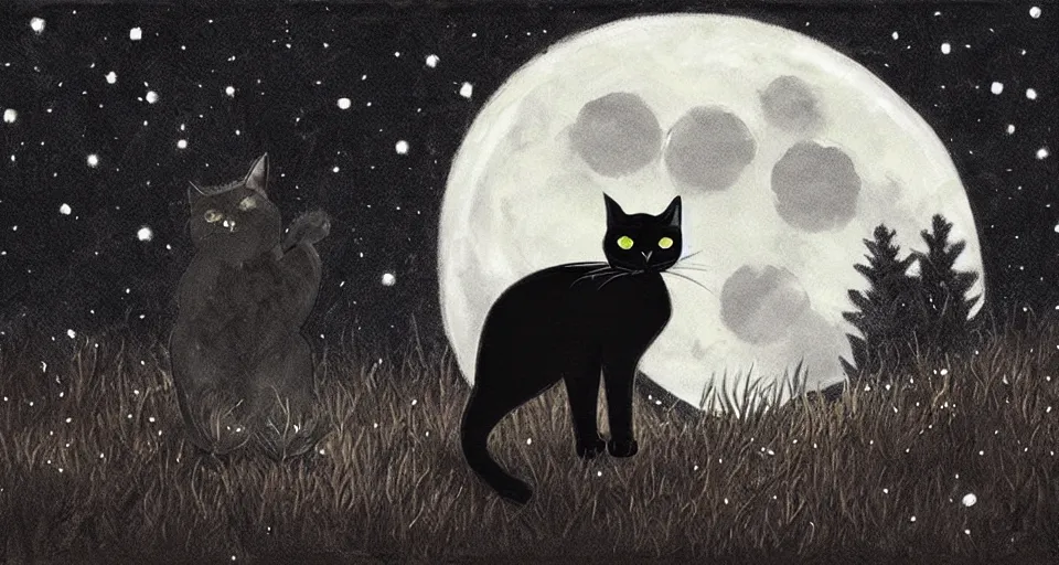 Image similar to black cat with glowing eyes looking up at the moon in a very dark open field at midnight with fireflies in the air and lots of stars in the sky, digital painting, highly detailed, magical, beautiful