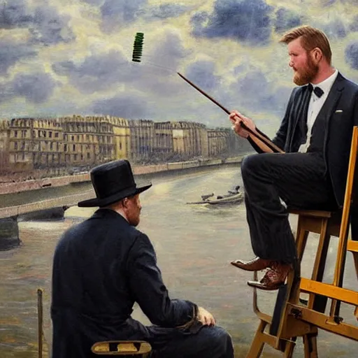 Prompt: mcgregor is dressed as a gentleman at early 2 0 th century paris. he is watching an easel. that easel has a canvas on it. ewan mcgregor has a brush on his hand. he is painting a painting. on background has river seine, morning sun, dark clouds, lightning, dc comics