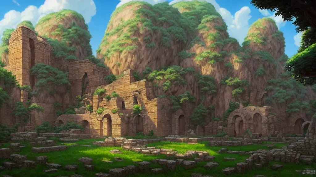 Image similar to ancient monastery ruins, studio ghibli, pixar and disney animation, sharp, rendered in unreal engine 5, highly detailed, digital painting, artstation, concept art, smooth, sharp focus, illustration, wide angle, artbook, wallpaper, splash art, promo art, dramatic lighting, art by artgerm and greg rutkowski and bo chen and jin xiaodi