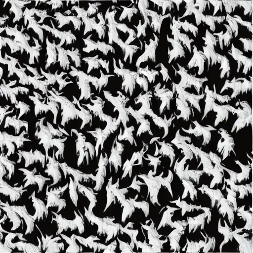 Image similar to a graphical pattern of white wolves into black geese by mc escher, aerial view, scared black geese, angry white wolves, hexagonal pattern, intricate details, screen print, frameless