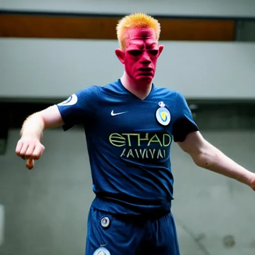 Prompt: movie still of kevin de bruyne as hellboy,