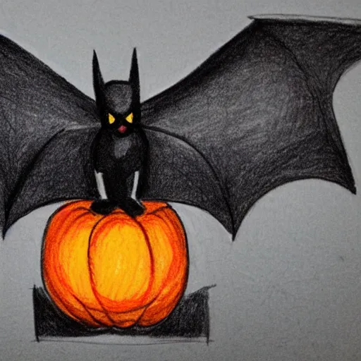 Image similar to white board drawing of a bat carrying a pumpkin