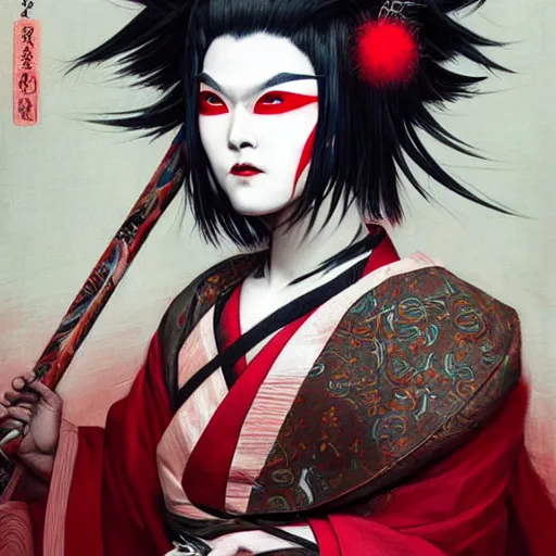 Image similar to an epic portrait of insane kabuki wielding a spear, magical aura of insanity, intricate hakama, poofy red wig, eerie, highly detailed, dark fantasy, art by artgerm and greg rutkowski