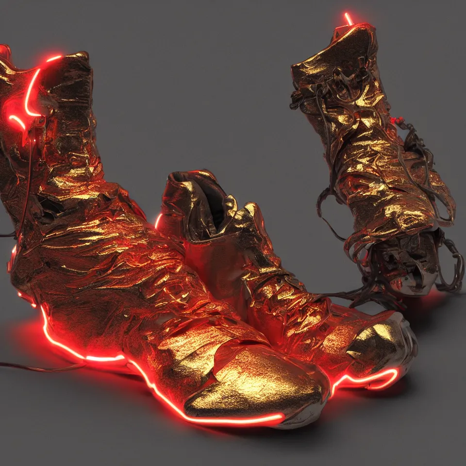 Prompt: realistic 8 k sculpture of a cyberpunk sneaker with neon illuminated rubber soles and soft orange shoelaces, beautiful studio lighting, soft, sharp focus, cyberpunk, intricate detail, gold and red accents, soft rubber, octane render, trending on artstation, deviantart, art by hiroshi fujiwara