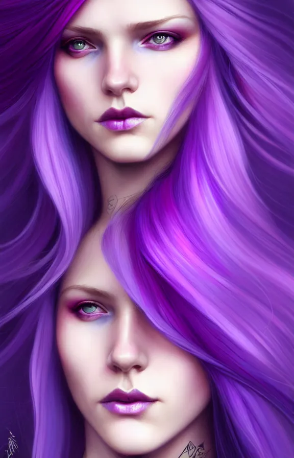 Image similar to Purple hair relistic Portrait of a woman with bright colored flying hair, all shades of purple. Hair coloring, long hair, blue eyes, fantasy, intricate, elegant, highly detailed, digital painting, artstation, concept art, smooth, sharp focus, illustration, art by artgerm and greg rutkowski and alphonse mucha