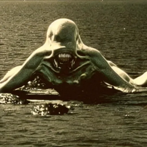 Image similar to an alien crawling on a boat. in the style of junji ito. photograph from horror film.