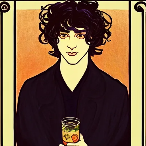 Image similar to painting of young cute handsome beautiful dark medium wavy hair man in his 2 0 s named shadow taehyung at the halloween pumpkin matcha party, straight nose, depressed, melancholy, autumn, elegant, clear, painting, stylized, delicate, soft facial features, delicate facial features, soft art, art by alphonse mucha, vincent van gogh, egon schiele