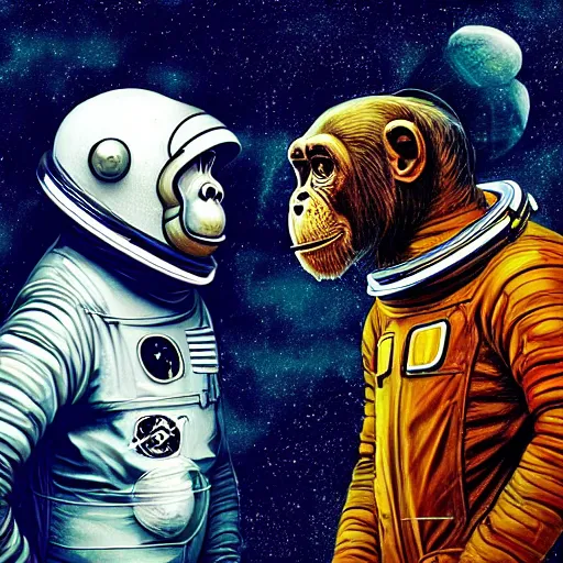 Image similar to double exposure portrait of astronaut and a chimpanzee astronaut with space and time in the the background by davinci, circles, psychedelic, pencil art, high definition, dynamic lighting stars, sharpness, golden ratio