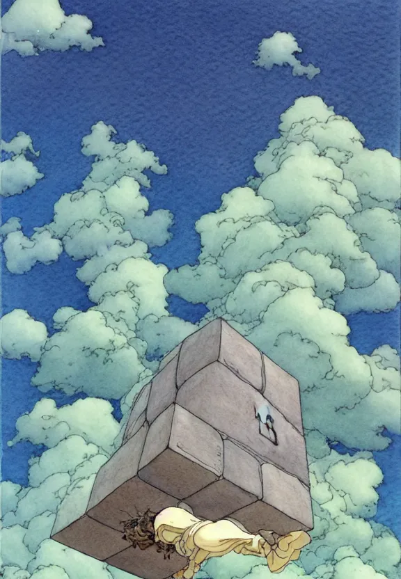 Prompt: a simple watercolor fantasy concept art of a giant grey cube floating in the air. by studio ghibli, rebecca guay, michael kaluta, charles vess