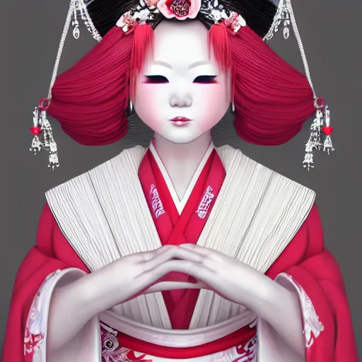 Image similar to albino maiko with a long fancy hair, detailed, jewelry, sakura, photograph, award wining, red and white, trending on artstation, 4 k, neon highlights