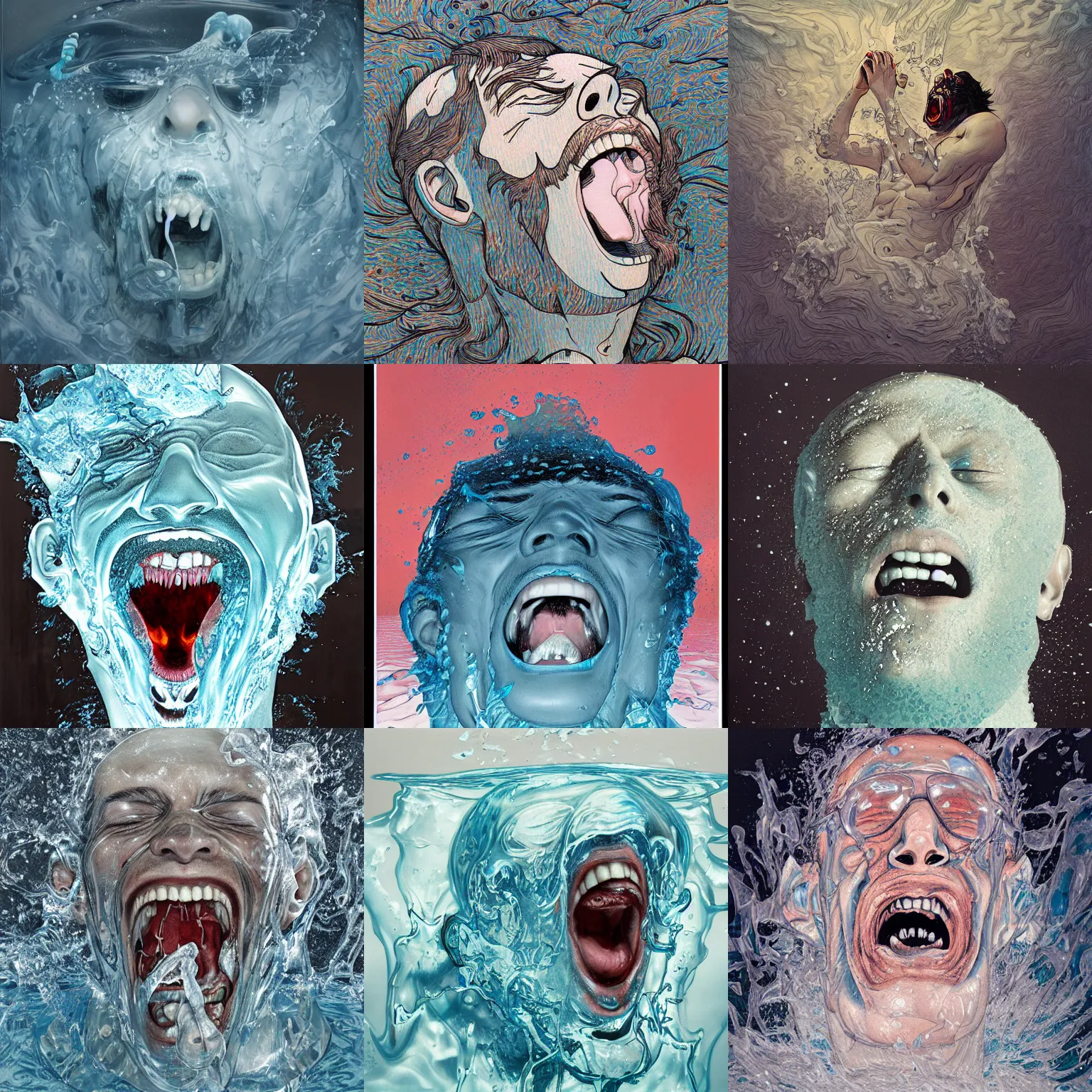 Prompt: a man screaming while dissolving in ice by James jean