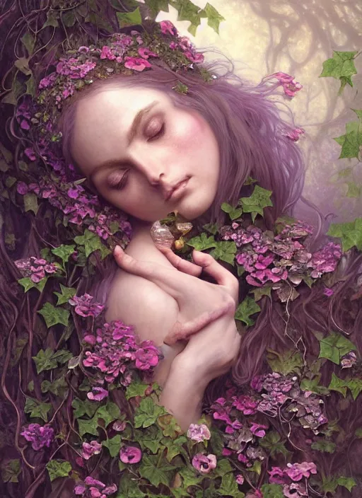 Prompt: beautiful portrait of a great fairy elf, her body wrapped with ivy vines and flowers, dark fantasy, d & d, fantasy, cinematic lighting, intricate, elegant, highly detailed, digital painting, artstation, concept art, matte, sharp focus, illustration, art by artgerm and tom bagshaw and greg rutkowski and alphonse mucha