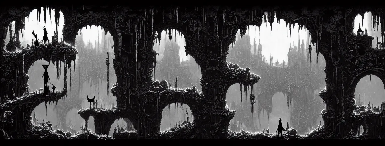 Image similar to gothic underground domain side - scrolling 2 d platformer level by nicolas delort, zdizslaw beksinski, victo ngai, josan gonzalez, kilian eng