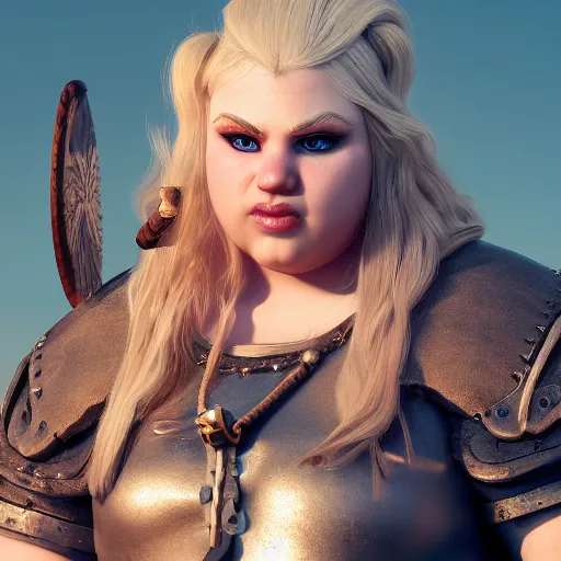 Image similar to a handsome corpulent viking girl with blond hair, clash royal style characters, unreal engine 5, octane render, detailed, cinematografic, cinema 4 d